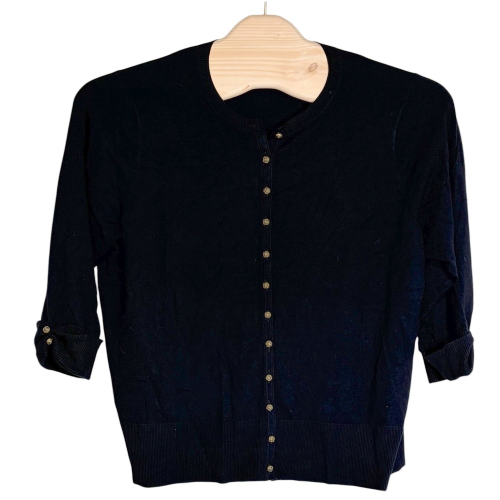 Grace Elements Cardigan 3X Black Gold Rose Button 3/4 Sleeve Crew Neck Knit Top